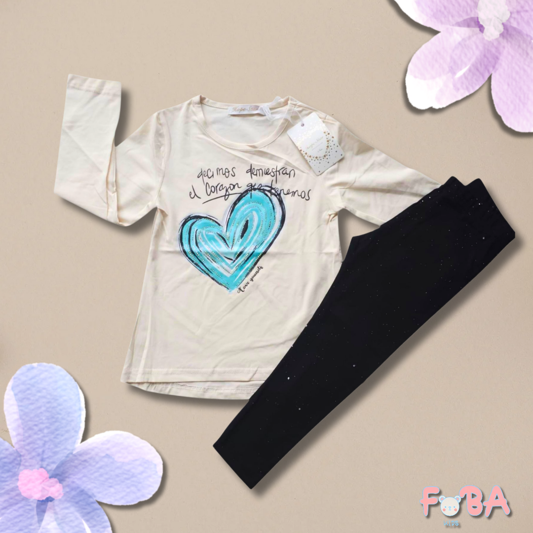 COMPLETO BAMBINA 2 PEZZI CON T-SHIRT CUORE E LEGGINGS GLITTER – TAGLIE 4-12 ANNI - immagine 3