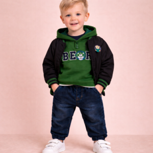 COMPLETO 3 PEZZI BAMBINO JEANS + FELPA ORSETTO + GIACCHETTA 6-24 MESI
