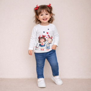 COMPLETO 2 PEZZI BAMBINA – T-SHIRT MANICA LUNGA CON STAMPA E LEGGINGS EFFETTO JEANS