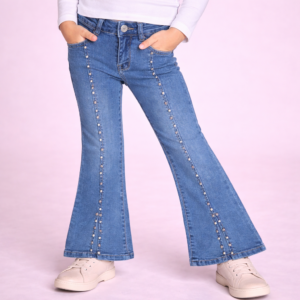 JEANS BAMBINA A GAMBA LARGA CON PERLE E STRASS – VITA REGOLABILE