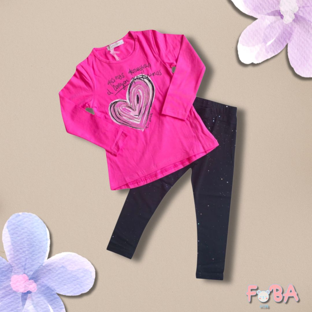 COMPLETO BAMBINA 2 PEZZI CON T-SHIRT CUORE E LEGGINGS GLITTER – TAGLIE 4-12 ANNI
