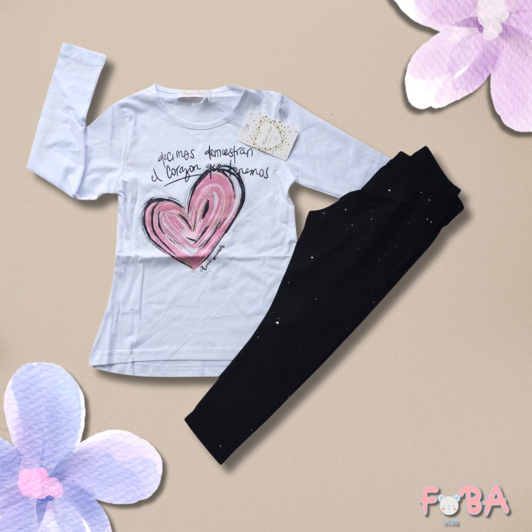 COMPLETO BAMBINA 2 PEZZI CON T-SHIRT CUORE E LEGGINGS GLITTER – TAGLIE 4-12 ANNI - immagine 2