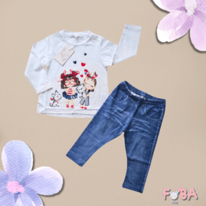 COMPLETO 2 PEZZI BAMBINA 12-36 MESI – T-SHIRT MANICA LUNGA CON STAMPA E LEGGINGS EFFETTO JEANS