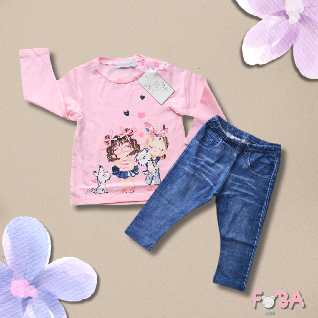 COMPLETO 2 PEZZI BAMBINA 12-36 MESI – T-SHIRT MANICA LUNGA CON STAMPA E LEGGINGS EFFETTO JEANS - immagine 2