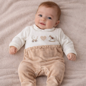 TUTINA IN CINIGLIA PER NEONATA BIANCO/BEIGE CON RICAMO ELEGANTE 0-1 MESE