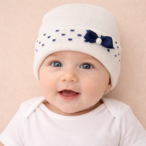 CAPPELLINO NEONATO BIANCO CON FIOCCHETTO BLU E PERLA – COTONE MORBIDO