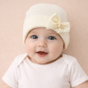 CAPPELLINO NEONATO PANNA IN COTONE CON FIOCCHETTO IN RASO E ROSELLINA