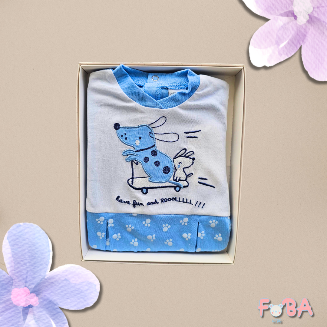 TUTINA NEONATO AZZURRA CON STAMPA CAGNOLINO – TAGLIA 1 MESE - immagine 2