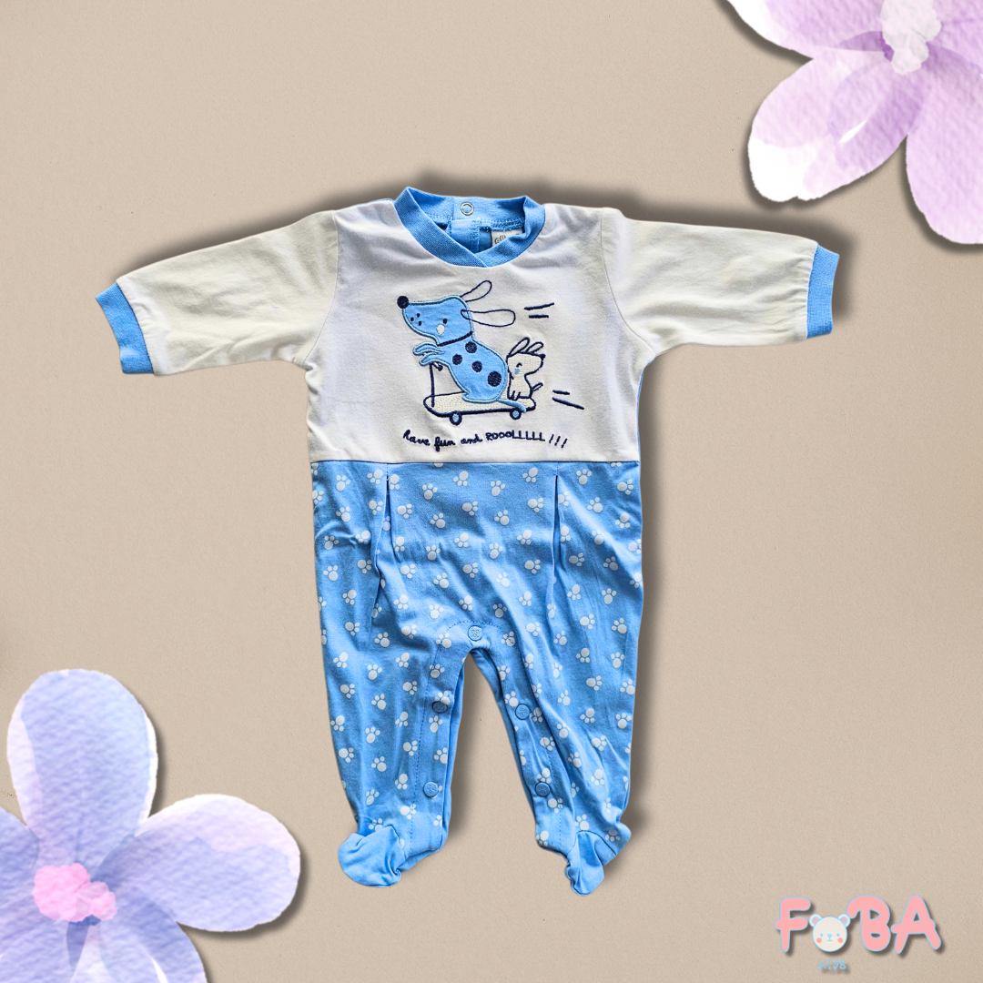TUTINA NEONATO AZZURRA CON STAMPA CAGNOLINO – TAGLIA 1 MESE