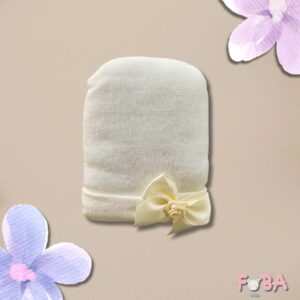 CAPPELLINO NEONATO PANNA IN COTONE CON FIOCCHETTO IN RASO E ROSELLINA