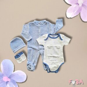 COMPLETO NEONATO AZZURRO 4 PEZZI – TUTINA, BODY, CUFFIETTA E MUFFOLINE 1-3 MESI