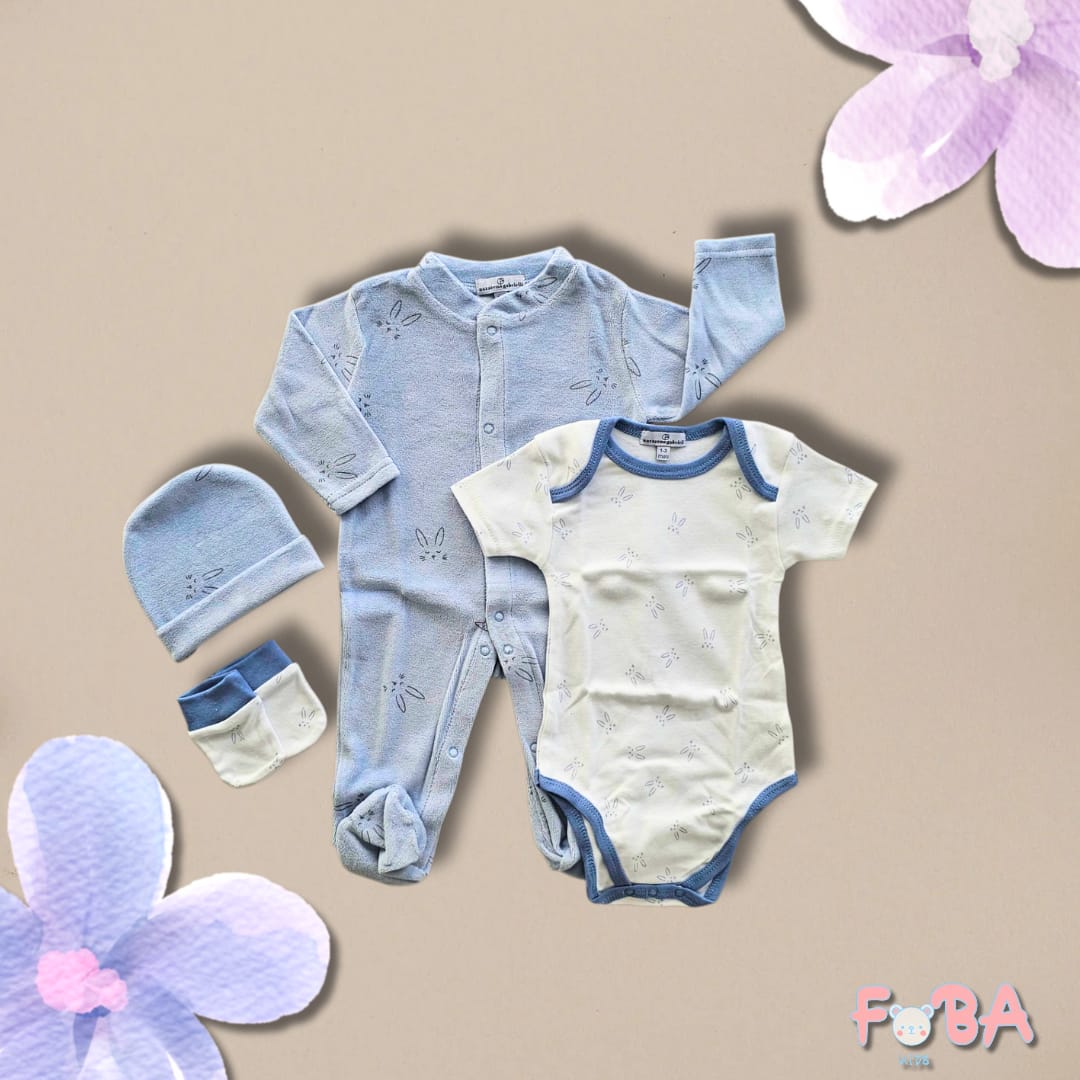 COMPLETO NEONATO AZZURRO 4 PEZZI – TUTINA, BODY, CUFFIETTA E MUFFOLINE 1-3 MESI