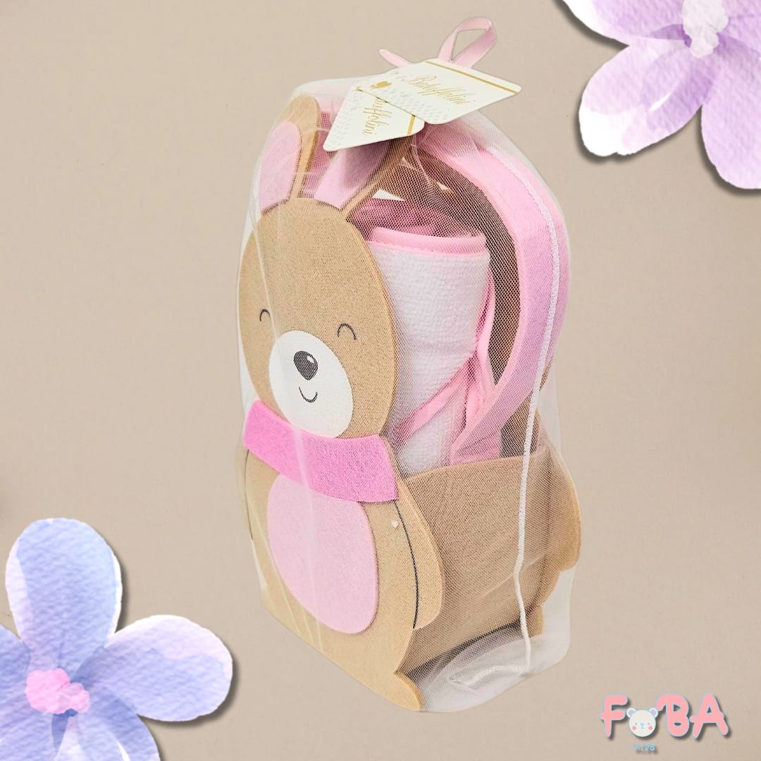 SET REGALO NEONATA CON ACCAPPATOIO TRIANGOLO ROSA - immagine 2