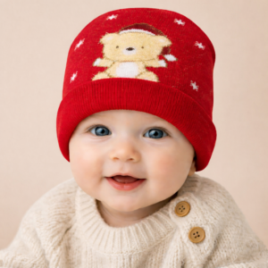 CAPPELLINO NEONATO IN CALDO COTONE CON ORSETTO NATALIZIO