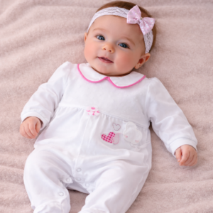 TUTINA NEONATA IN COTONE CON PIZZO E CUORI RICAMATI