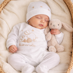 COMPLETO NEONATO 3 PEZZI IN COTONE 100% – TUTINA, COPERTINA CARROZZINA E CAPPELLINO “BUONANOTTE” 1-3 MESI