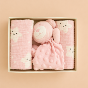 SET REGALO NEONATA ROSA CON MUSSOLE E PELUCHE ORSETTO