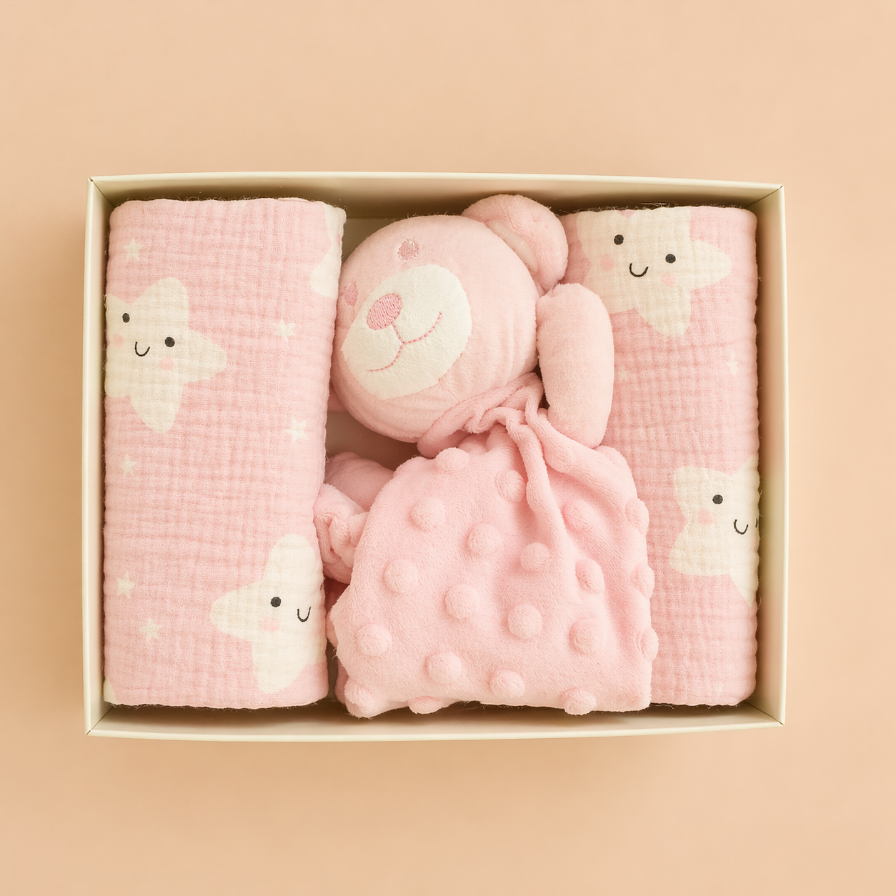 SET REGALO NEONATA ROSA CON MUSSOLE E PELUCHE ORSETTO