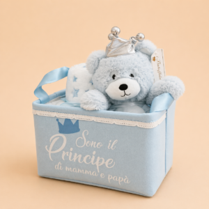 CESTINO REGALO NASCITA AZZURRO “SONO IL PRINCIPE DI MAMMA E PAPÀ” CON PELUCHE