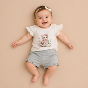 COMPLETO NEONATA T-SHIRT CON GATTINO E SHORTS