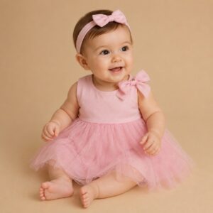 ABITINO ROSA NEONATA IN TULLE CON FIOCCO E GLITTER