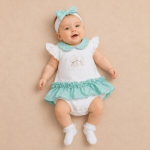 BODY ABITINO NEONATA BIANCO E VERDE ACQUA IN COTONE ELASTICIZZATO