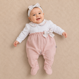 TUTINA NEONATA ROSA E BIANCA CON FIOCCO E COLLETTO FLOREALE