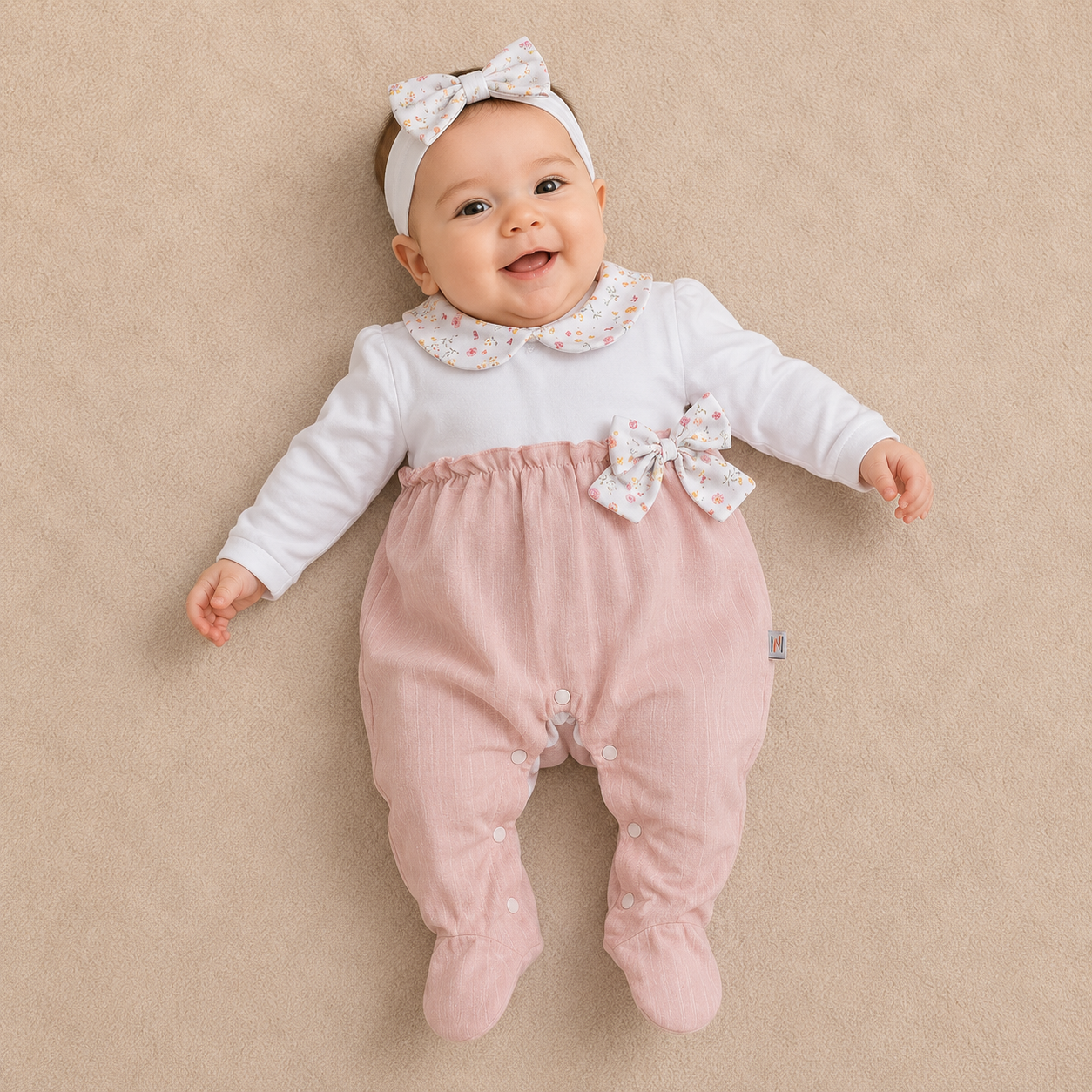 TUTINA NEONATA ROSA E BIANCA CON FIOCCO E COLLETTO FLOREALE