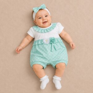PAGLIACCETTO NEONATA VERDE ACQUA E BIANCO CON FIORE DECORATIVO