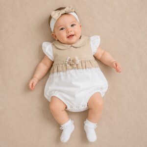 PAGLIACCETTO NEONATA ELEGANTE BIANCO E BEIGE IN COTONE ELASTICIZZATO