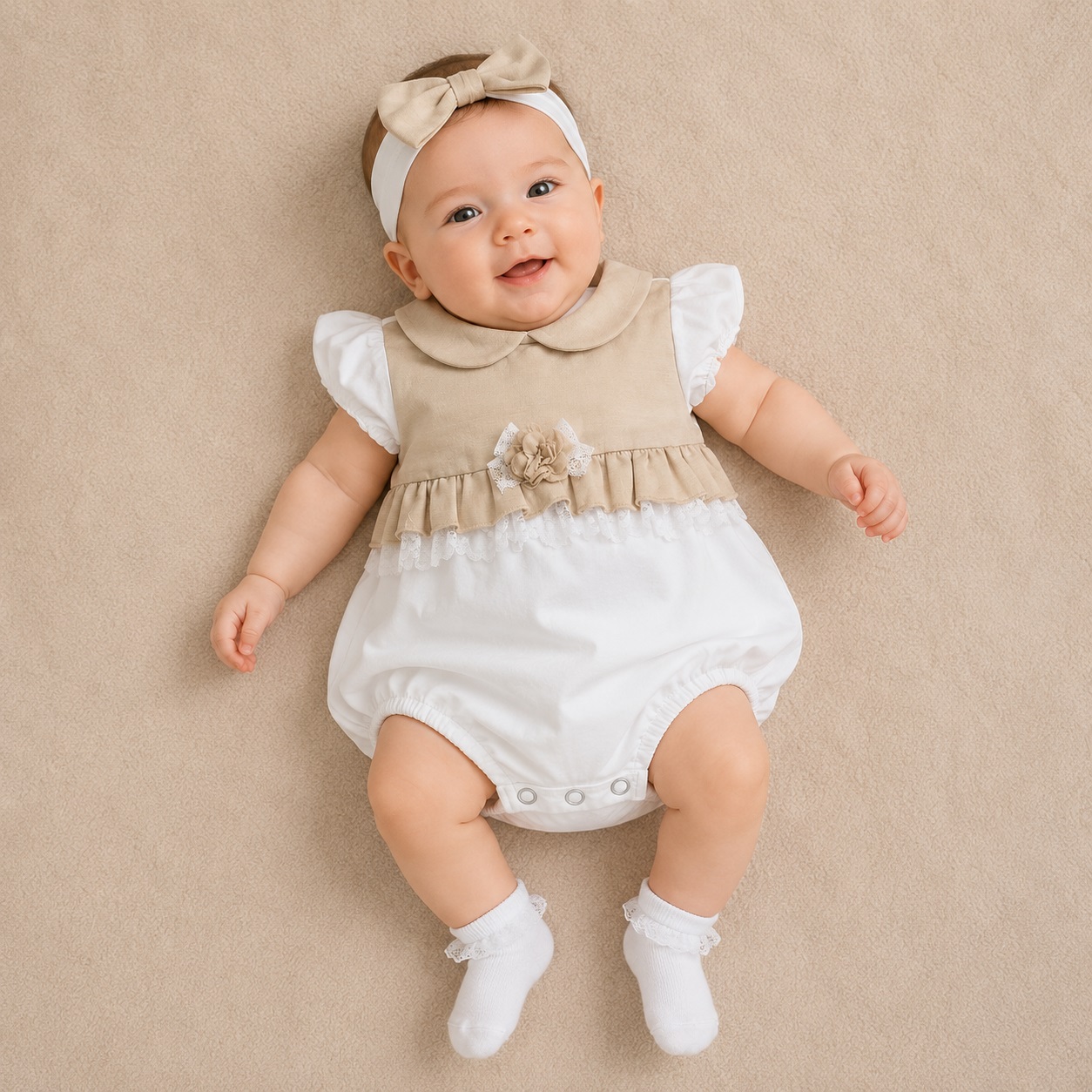 PAGLIACCETTO NEONATA ELEGANTE BIANCO E BEIGE IN COTONE ELASTICIZZATO