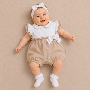 PAGLIACCETTO NEONATA BEIGE E BIANCO CON FIOCCO FLOREALE