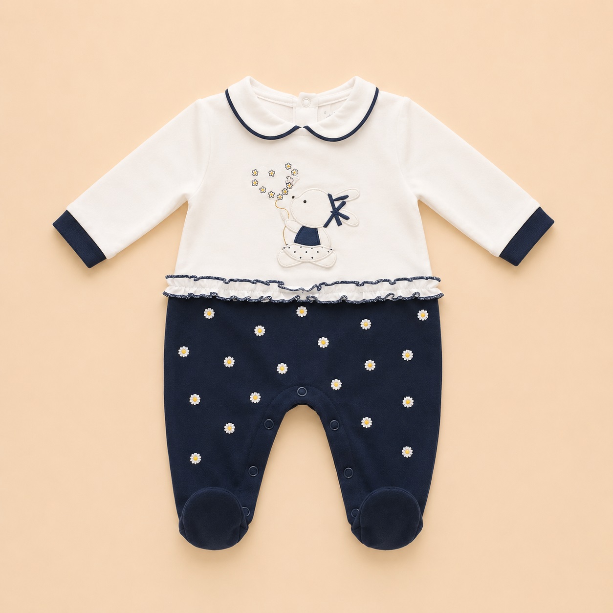 TUTINA NEONATA BLU E BIANCA CON MARGHERITE IN 100% COTONE - immagine 2